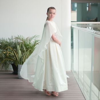 Girls Ivory Crystal Waist & Chiffon Cape Dress