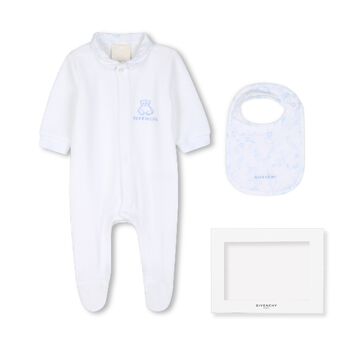 Baby Boys White & Blue Toile de Jouy Babygrow Gift Set