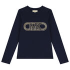 Girls Navy Blue Logo Long Sleeve Top, 1, hi-res