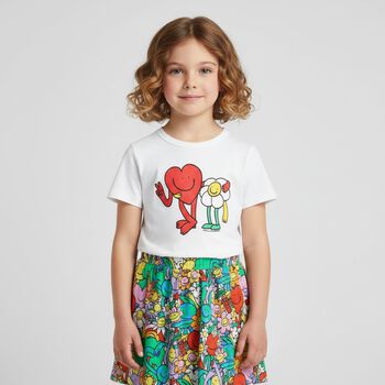 Girls White Heart & Flower T-Shirt