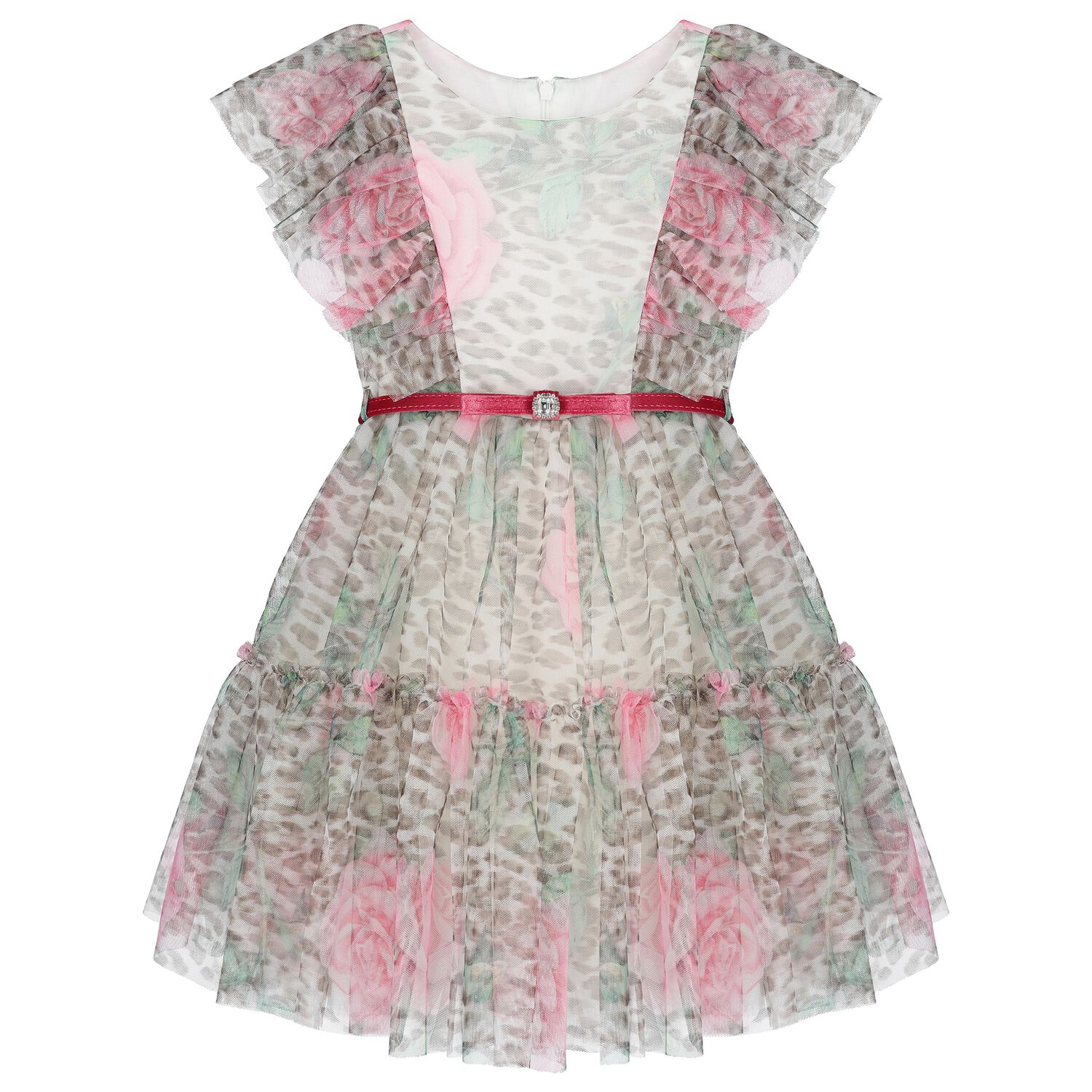 Girls Beige Leopard & Pink Rose Tulle Dress, 2, hi-res