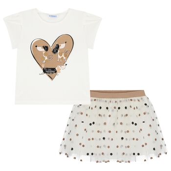 Girls Ivory & Beige Polka Dot Tulle Skirt Set