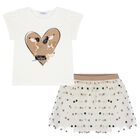 Girls Ivory & Beige Polka Dot Tulle Skirt Set, 2, hi-res
