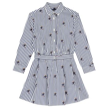 Girls White & Blue Polo Bear Striped Dress