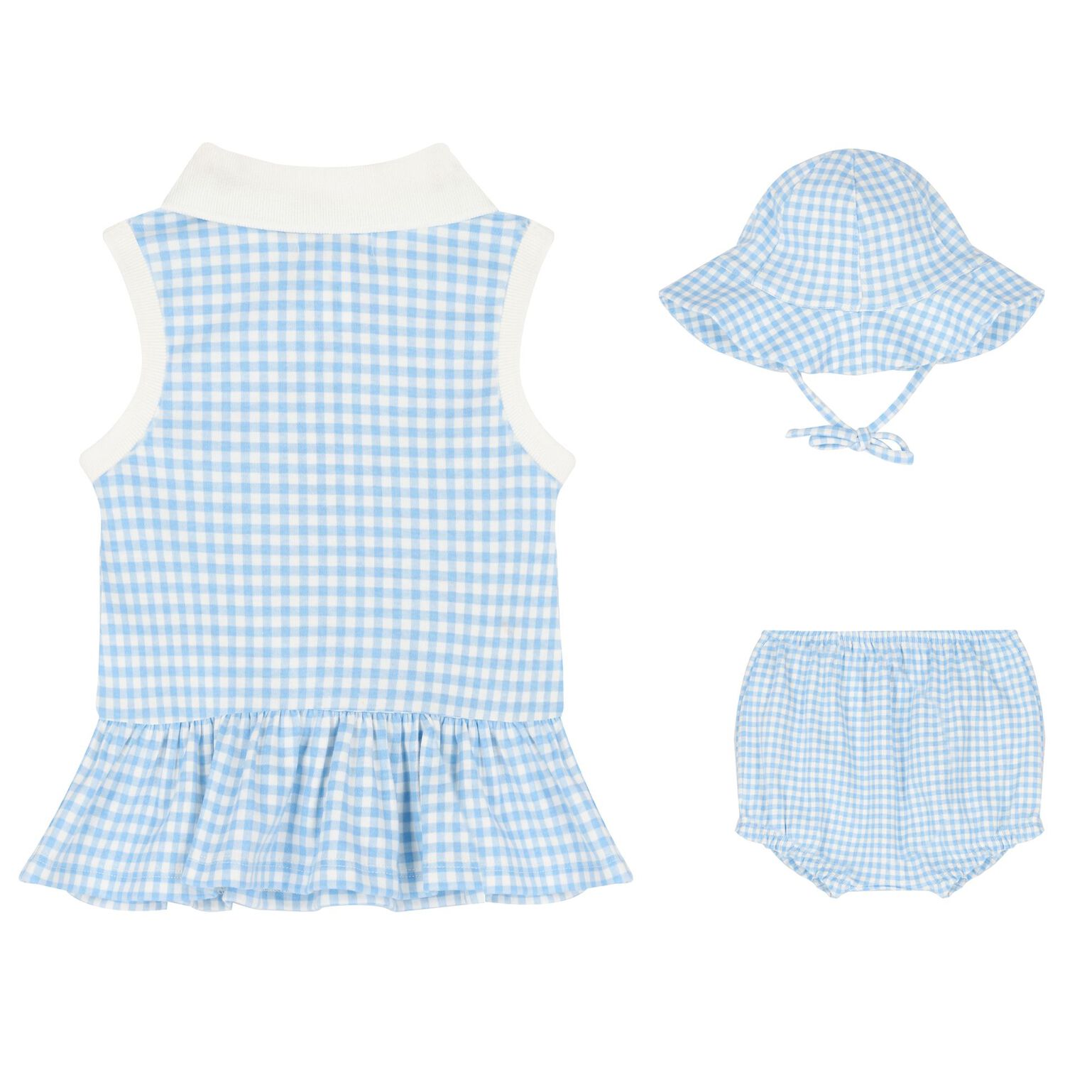 Baby Girls Blue Gingham Shorts & Hat Set, 1, hi-res