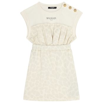 Girls Ivory & Beige Logo Dress