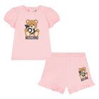 Younger Girls Pink Teddy Bear Logo Shorts Set, 1, hi-res