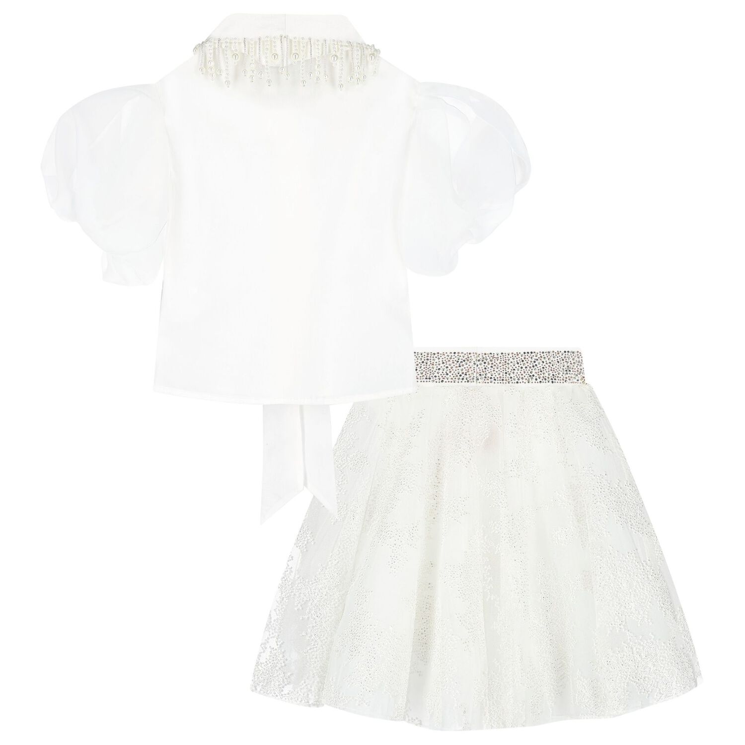Girls White Pearls Tulle Skirt Set, 1, hi-res image number null