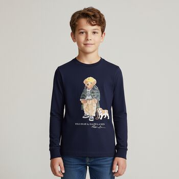Boys Navy Blue Polo Bear Long Sleeve Top, 1 Boys Navy Blue Polo Bear Long Sleeve Top