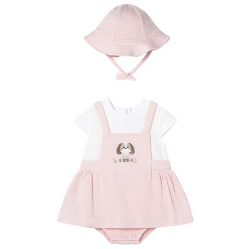 Baby Girls Pink & White Dog Dungaree Dress Set