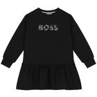 Girls Black Logo Long Sleeve Dress, 1, hi-res
