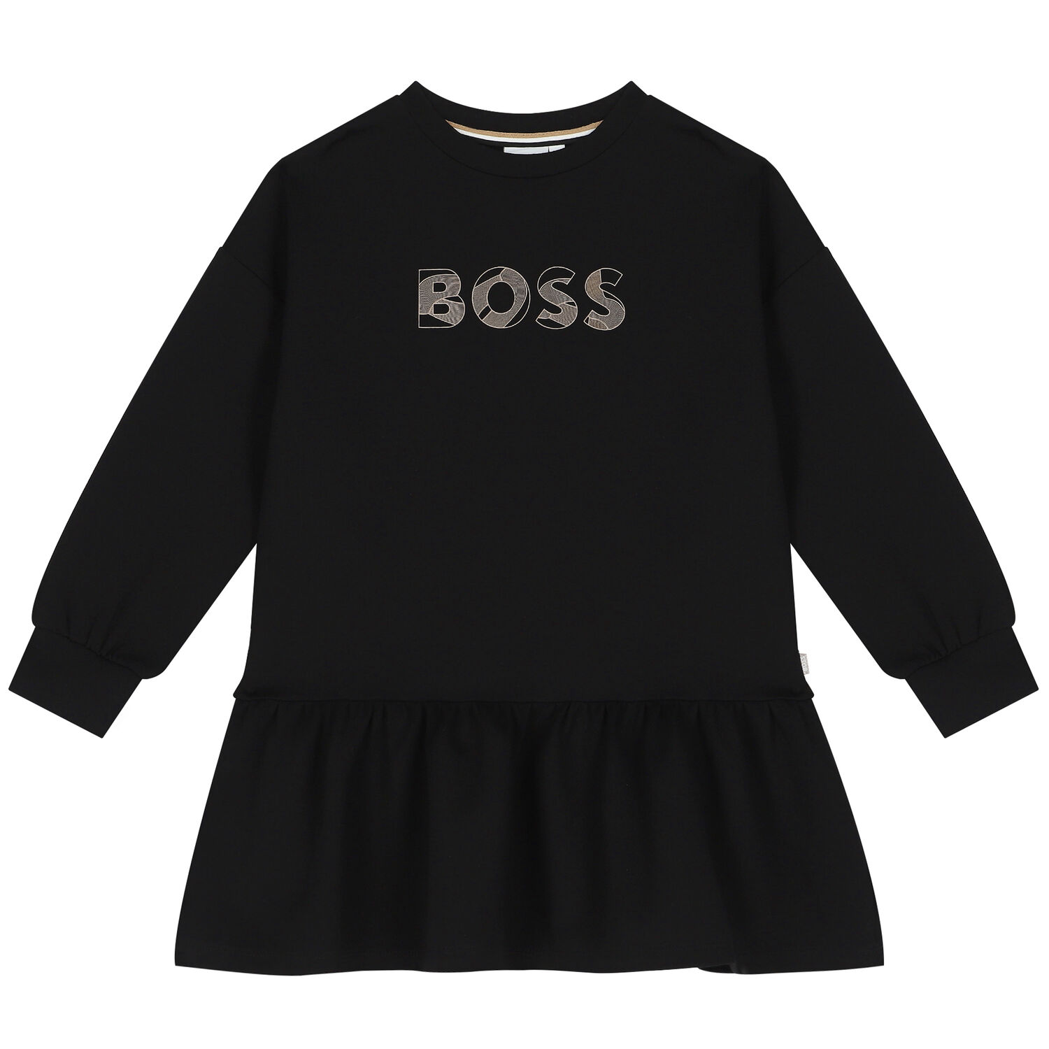 Girls Black Logo Long Sleeve Dress, 1, hi-res