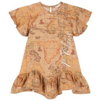 Girls Beige Geo Map Dress