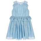 Girls Blue Ruffled Tulle Dress, 2, hi-res
