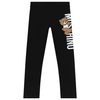Girls Black Teddy Bear Logo Leggings