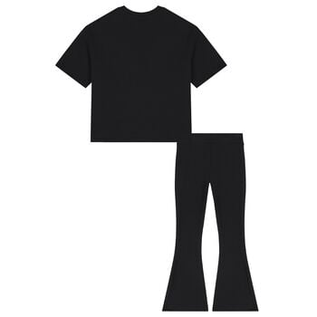 Girls Black Diamante Logo & Flared Leggings Set