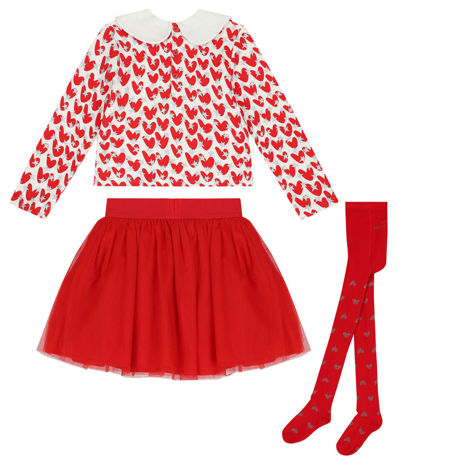 Girls Ivory & Red Tulle Skirt Set, 1, hi-res