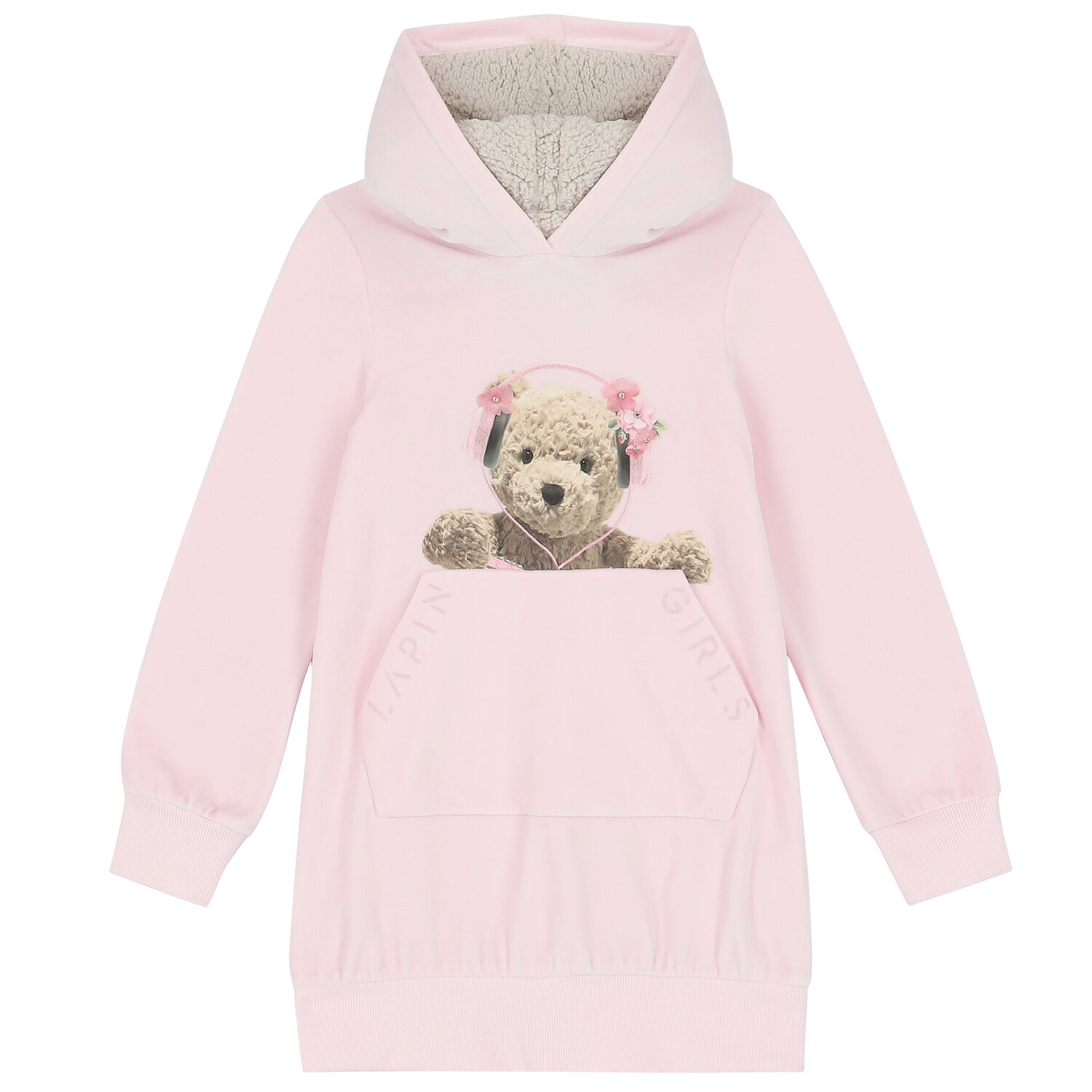 Girls Pink Teddy Hooded Dress, 1, hi-res