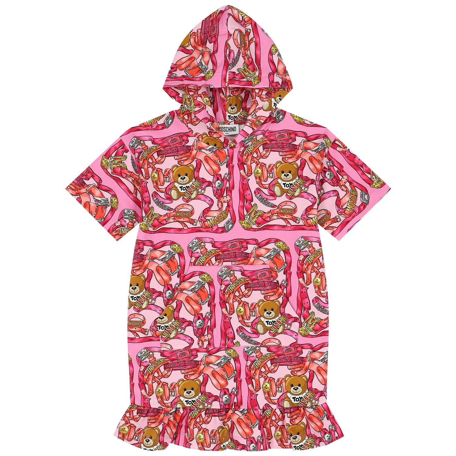 Girls Pink Teddy Bear Logo Hooded Dress, 1, hi-res