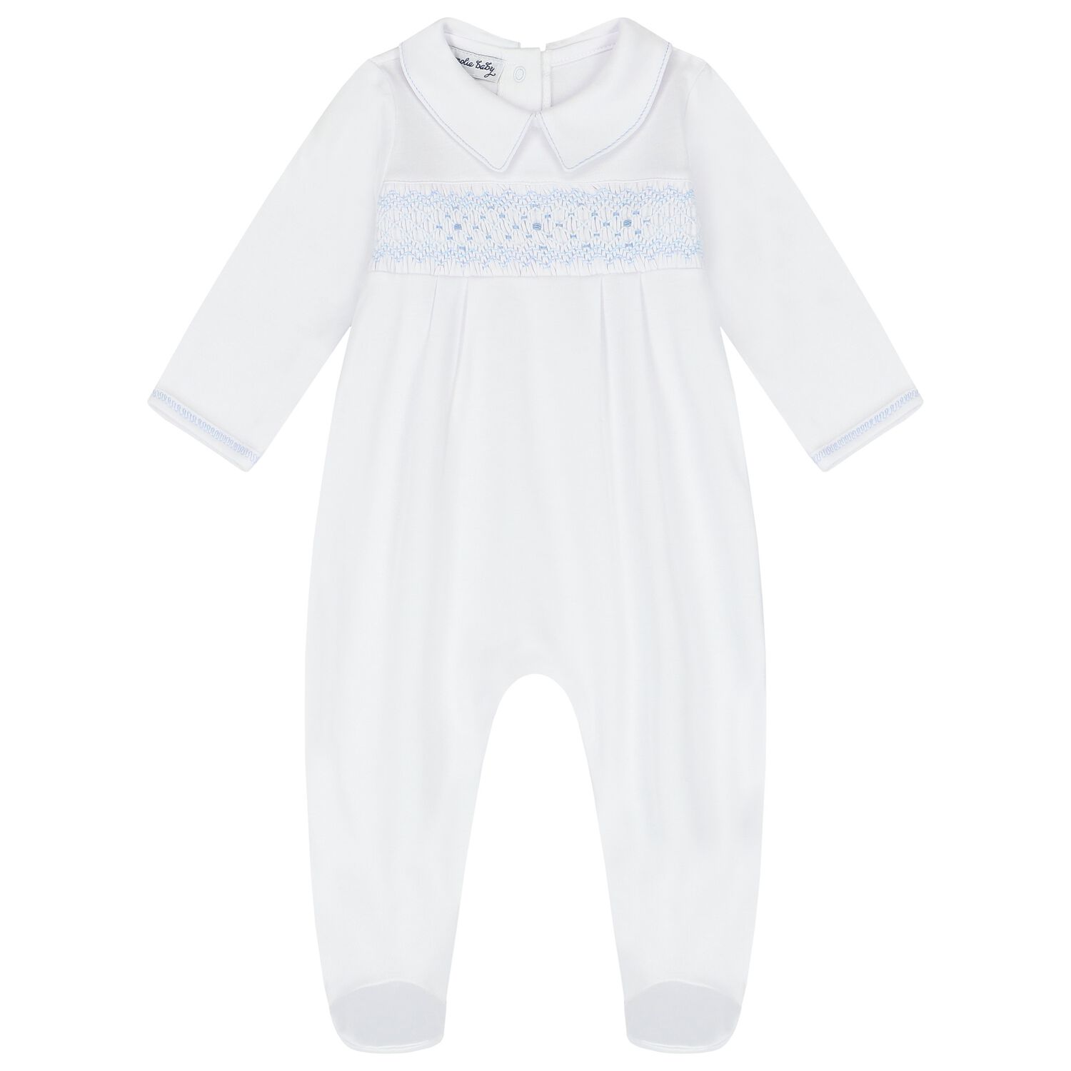 Baby Boys White and Blue Smocked Babygrow, 1, hi-res image number null