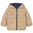 Younger Boys Navy Blue & Beige Reversible Puffer Jacket, 1, hi-res