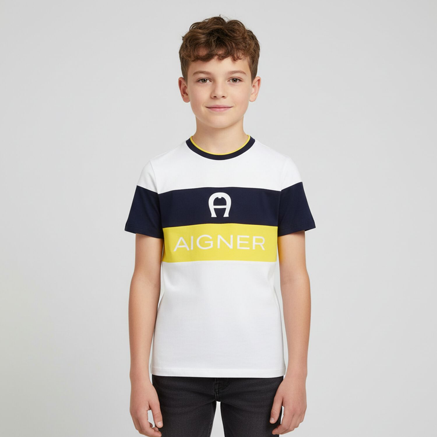 Boys White, Navy & Yellow Logo T-Shirt, 1, hi-res