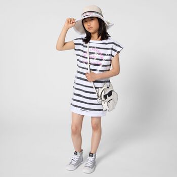 Girls White & Black Striped Dress