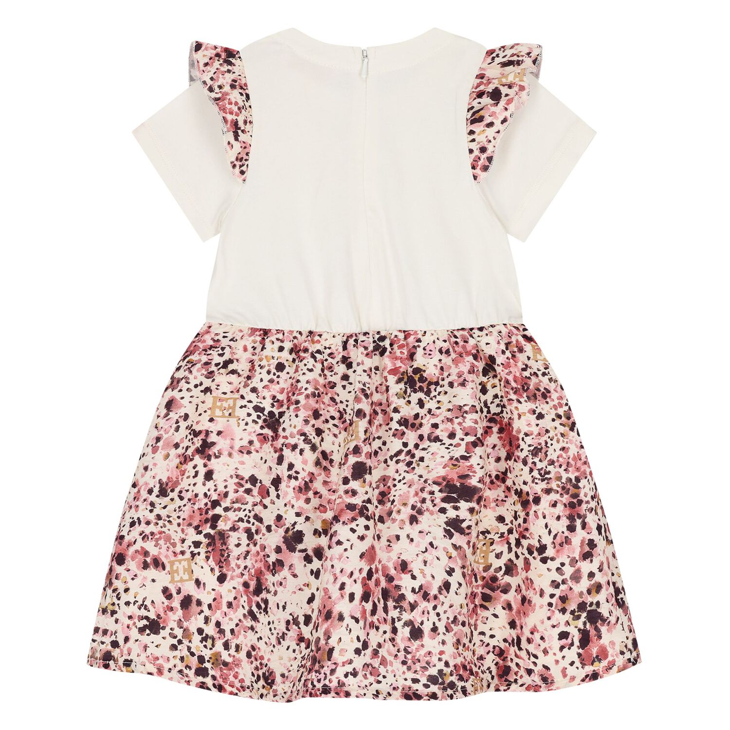Younger Girls Ivory & Pink Logo Ruffled Dress, 1, hi-res