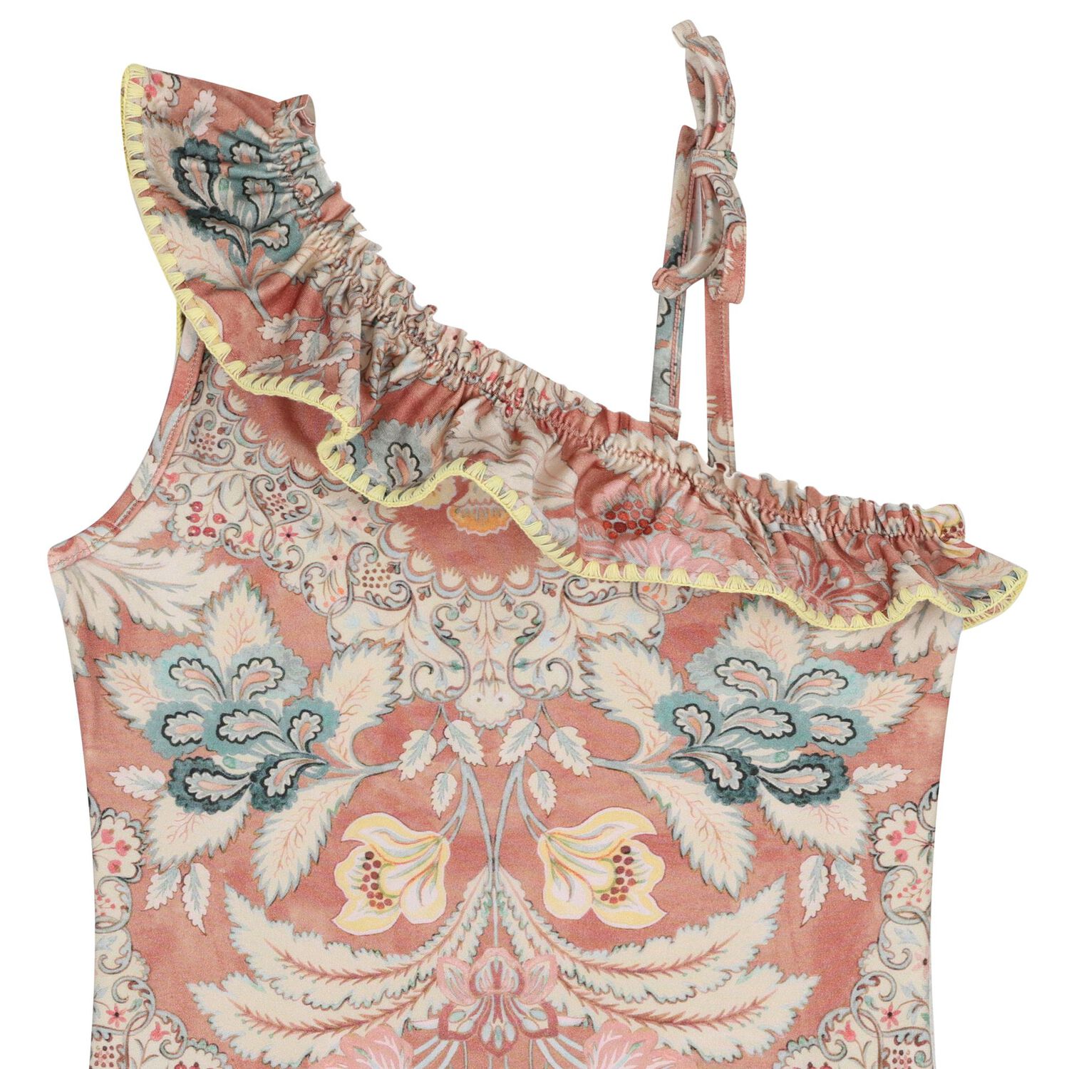 Girls Pink Floral Asymmetric Swimsuit, 1, hi-res