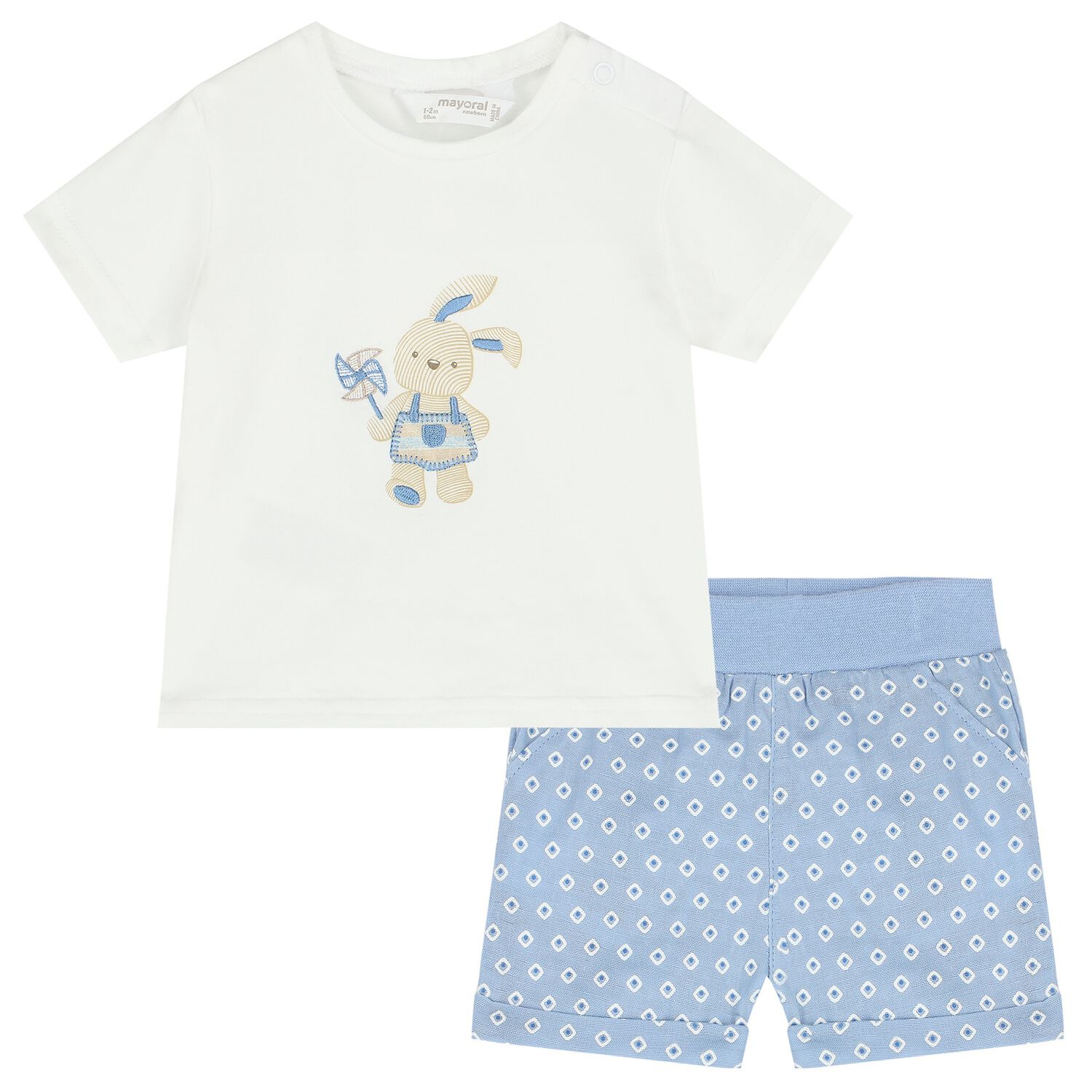 Baby Boys White & Blue Bunny Shorts Set, 2, hi-res
