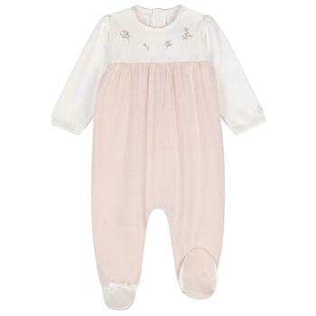 Baby Girls White & Beige Floral Babygrow