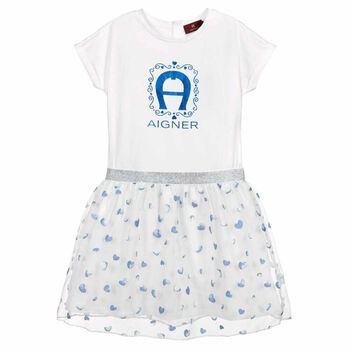Girls White & Blue Logo Dress