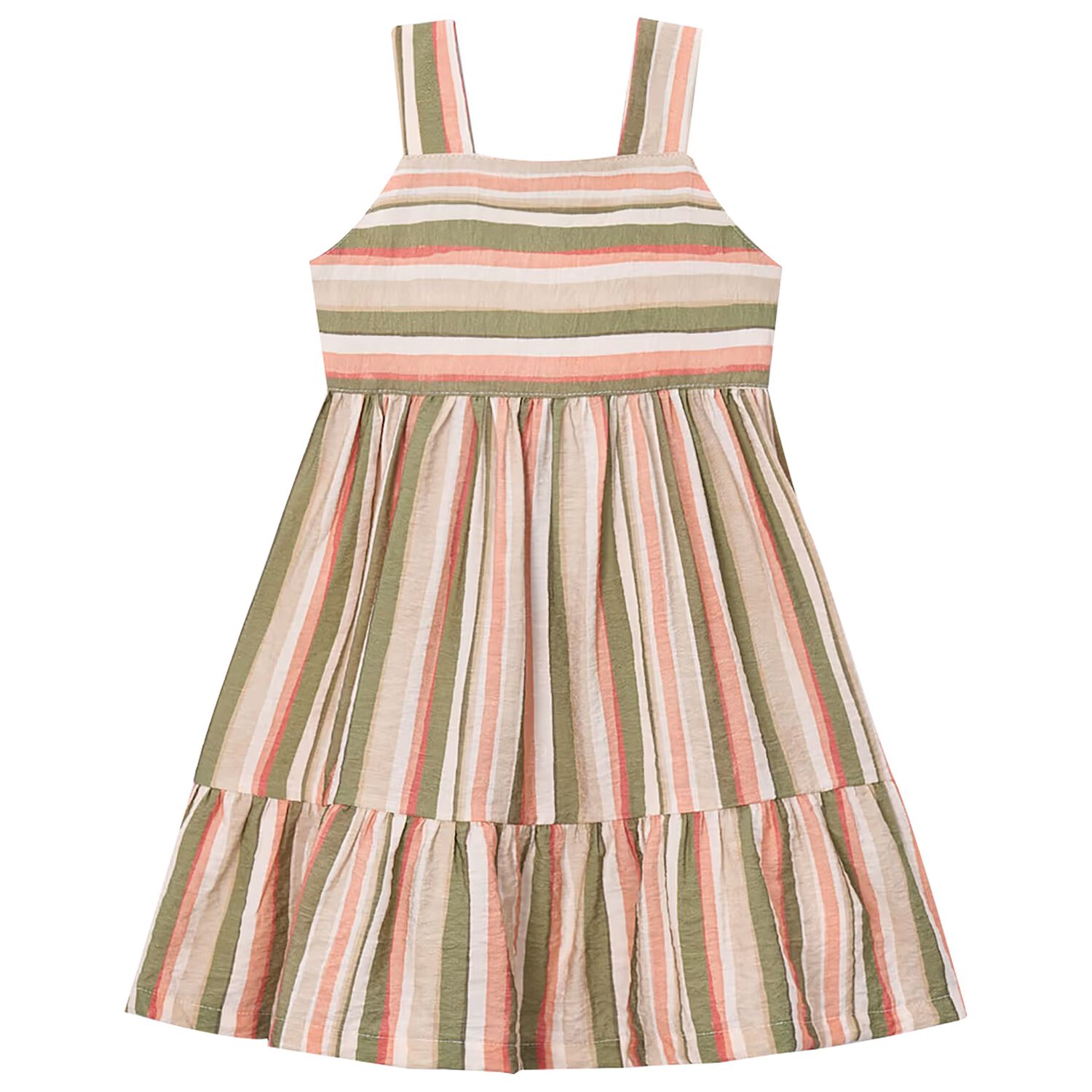Girls Orange, Beige & Green Striped Dress, 2, hi-res