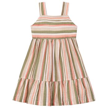 Girls Orange, Beige & Green Striped Dress