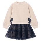 Girls Beige & Navy Blue Bow Tulle Skirt Set, 3, hi-res