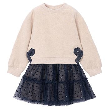 Girls Beige & Navy Blue Bow Tulle Skirt Set