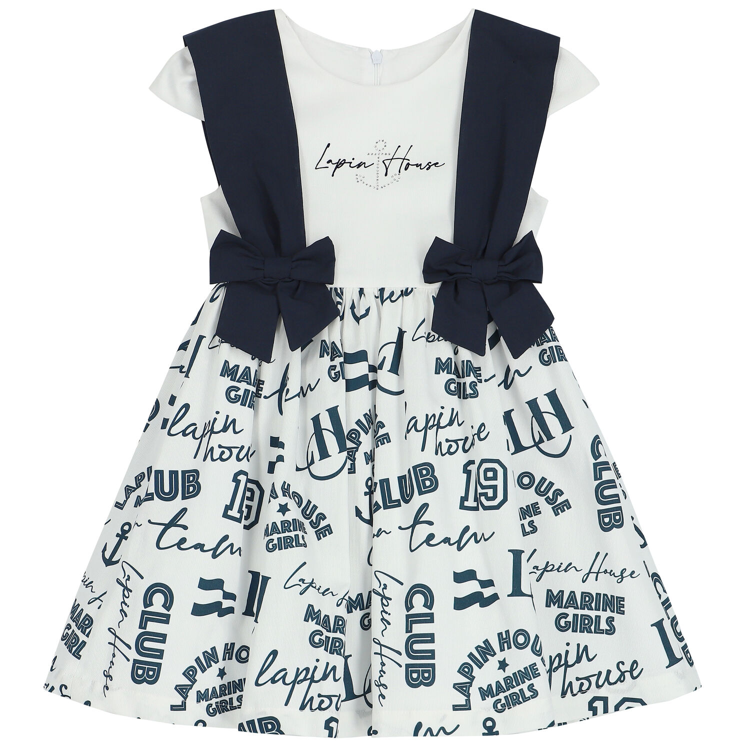 Girls White & Navy Blue Dress, 1, hi-res