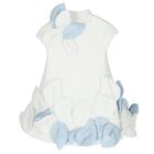 Girls White & Blue 3D Petal Dress, 1, hi-res
