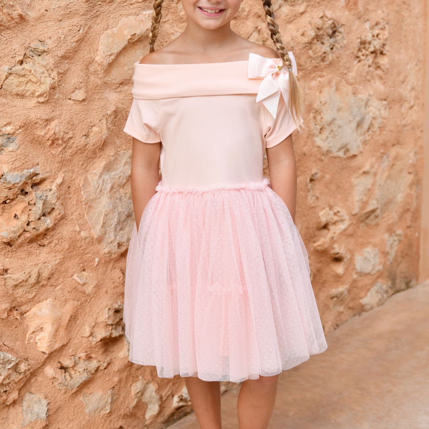 Girls Pink Bow Tulle Dress, 1, hi-res