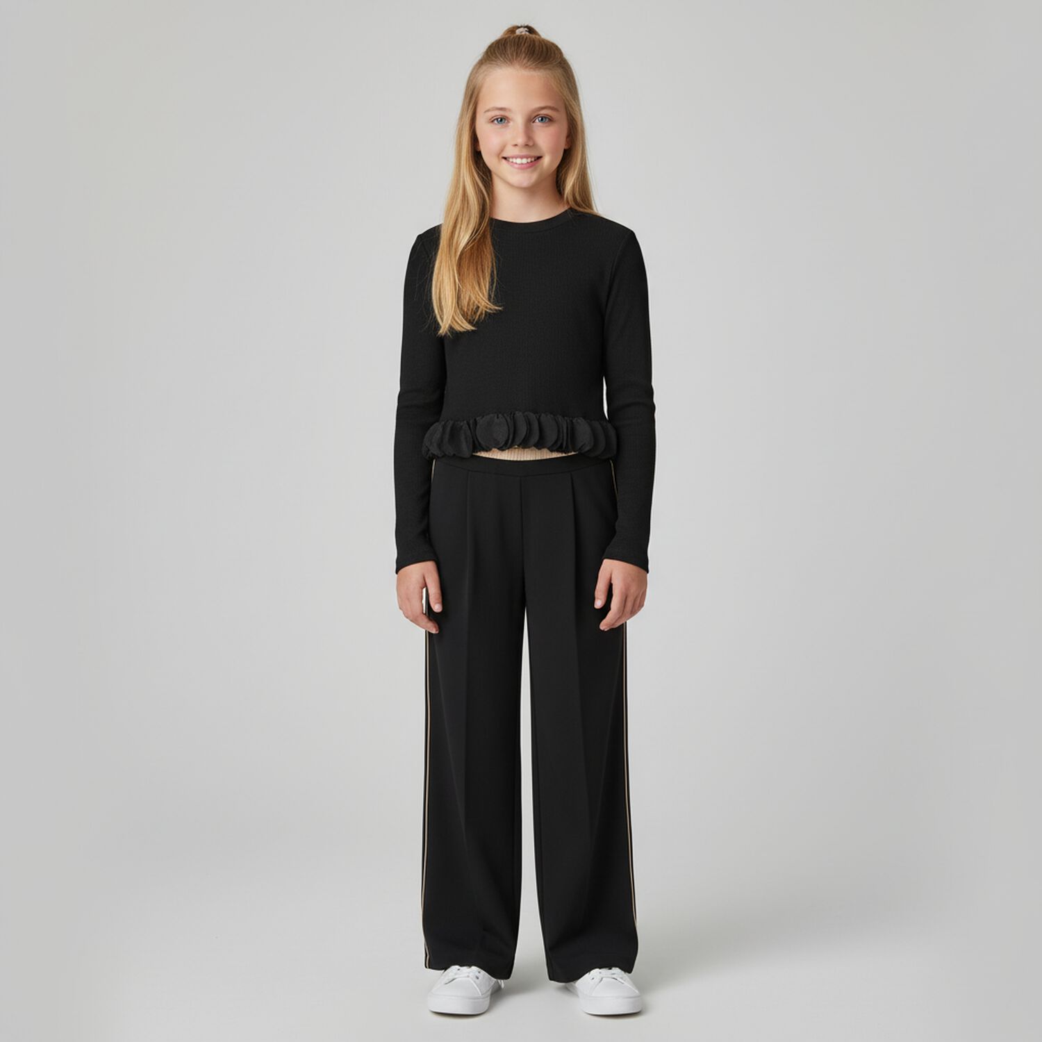 Girls Black Pleated Trousers, 1, hi-res
