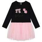Girls Black & Pink Bow Dress, 1, hi-res
