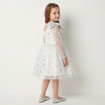 Girls White & Silver Bow Dress