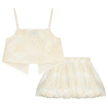 Girls Beige Floral Skirt Set