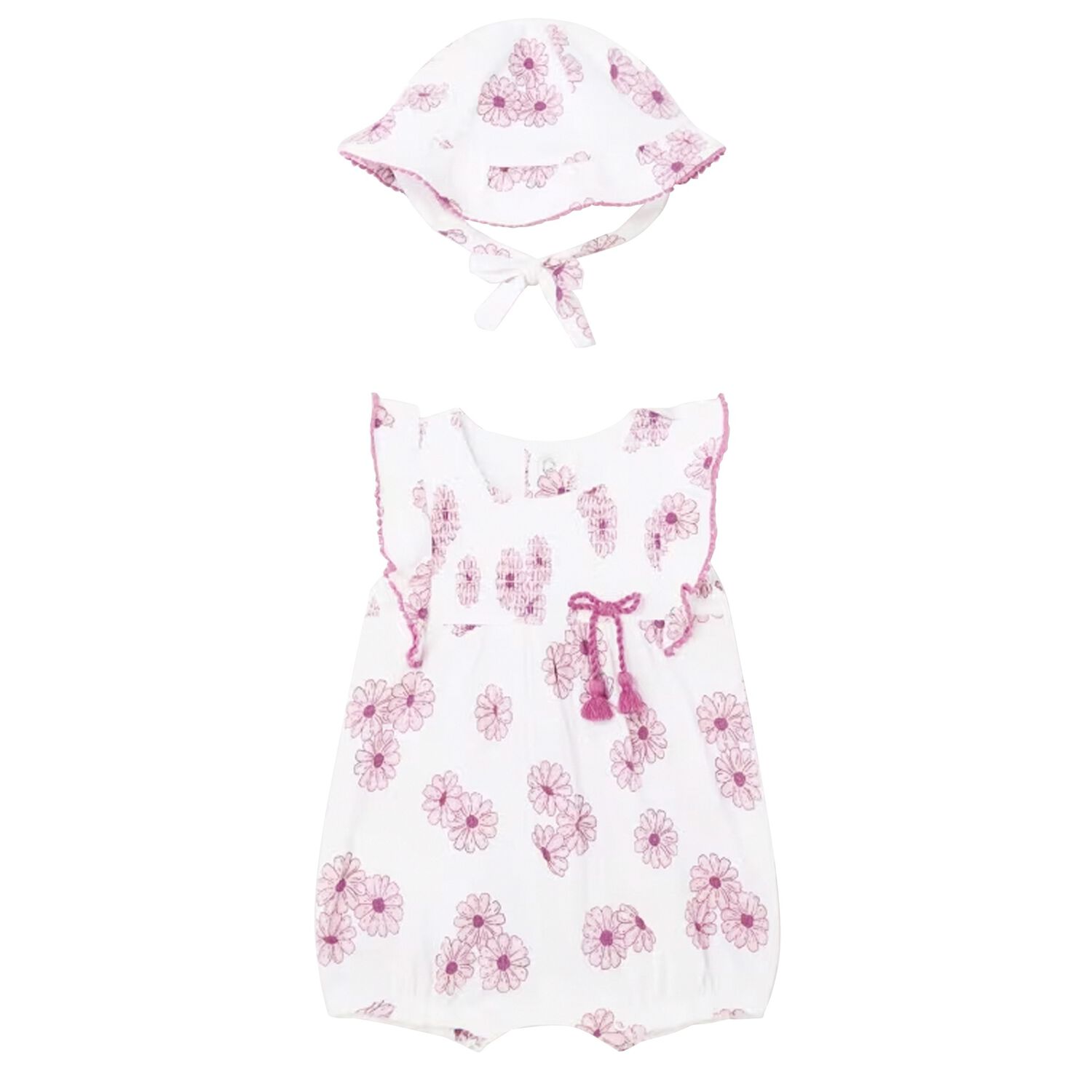 Baby Girls White Floral Romper & Hat Set, 1, hi-res