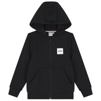 Boys Black Logo Hooded Zip Up Top