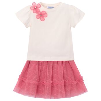 Girls Ivory & Pink Floral Tulle Skirt Set