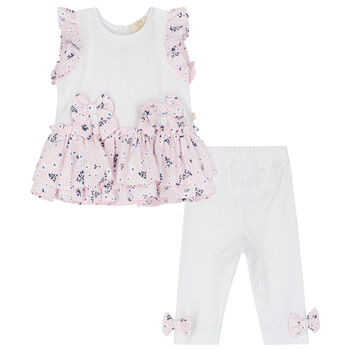 Younger Girls White & Pink Ruffled Leggings Set