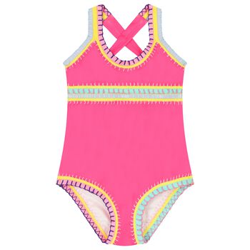 Girls Pink Embroidered Swimsuit