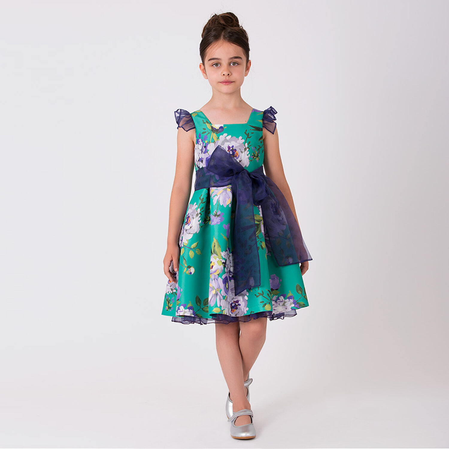 Girls Green & Purple Floral Satin Dress, 1, hi-res
