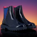 Girls Navy Blue Faux Leather Boots , 1, hi-res